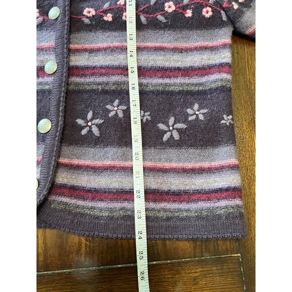 Tally-Ho Purple Striped Floral 100% Wool Button Down Cardigan Medium - Picture 8 of 8